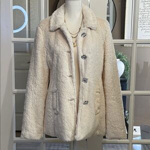 BKE Cream Faux Fur Jacket Jewel Buttons Size Medium